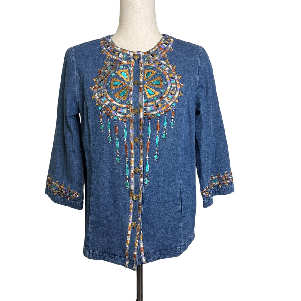Bob Mackie Wearable Art Denim Dream Catcher Embroidered‎ Jean Jacket Size XS